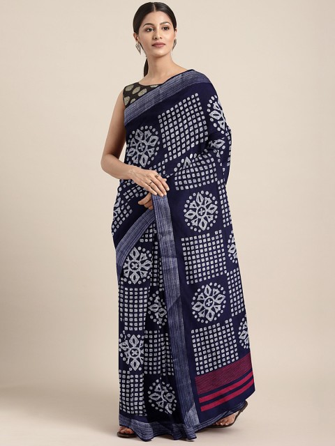 

KALINI Navy Blue & White Linen Blend Geometric Printed Saree