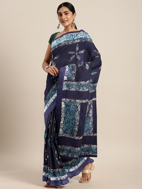 

KALINI Navy Blue & White Linen Blend Floral Printed Saree