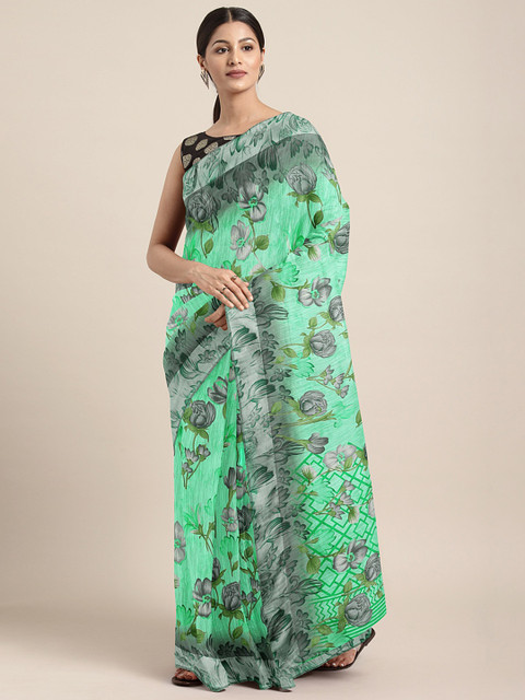 

KALINI Sea Green & Grey Linen Blend Floral Printed Saree