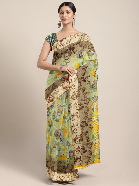 

KALINI Green & Yellow Linen Blend Floral Printed Saree