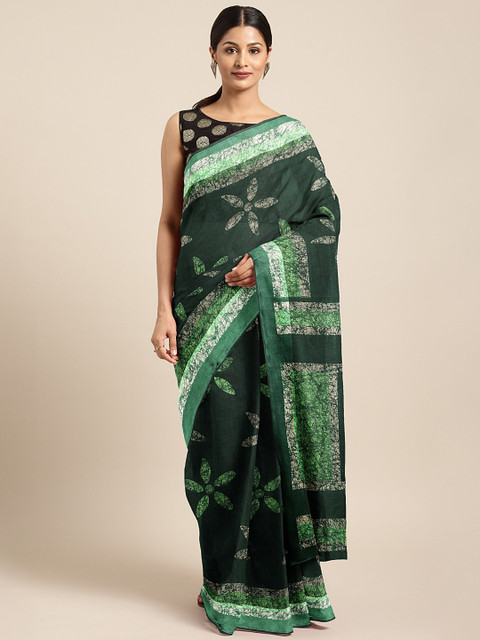 

KALINI Green Floral Printed Linen Blend Saree