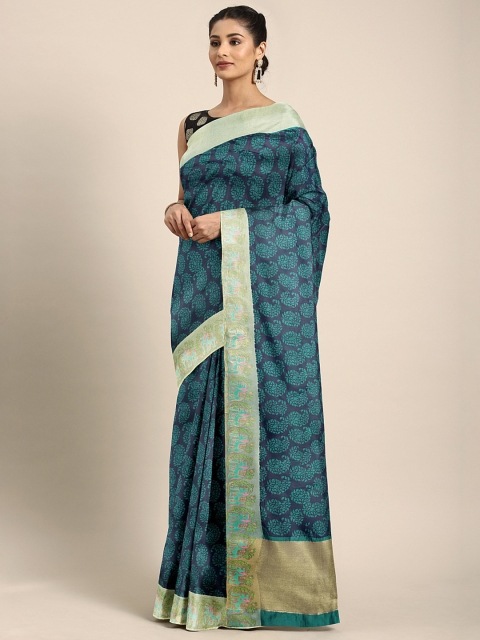 

KALINI Navy Blue & Beige Art Silk Paisley Printed Saree
