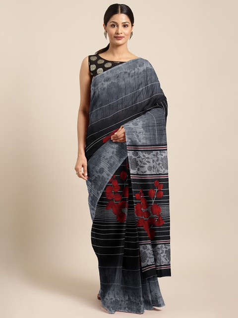 

KALINI Black & Red Silk Blend Floral Printed Khadi Saree