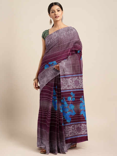 

KALINI Purple & Blue Silk Blend Floral Printed Khadi Saree