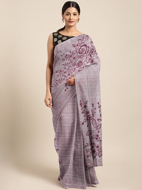 

KALINI Grey & Magenta Pink Silk Blend Checked Khadi Saree With Floral Print