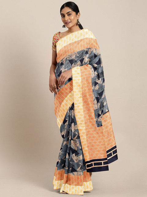 

KALINI Orange & Grey Linen Blend Printed Saree