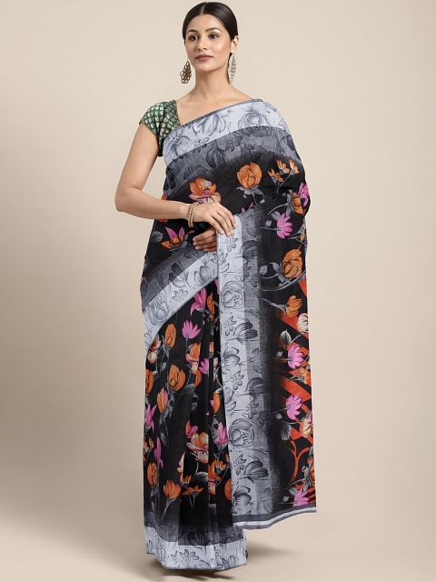 

KALINI Black Floral Printed Linen Blend Saree