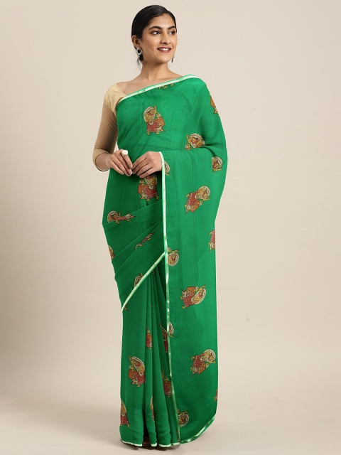 

KALINI Green & Rust Red Pure Chiffon Kalamkari Printed Saree