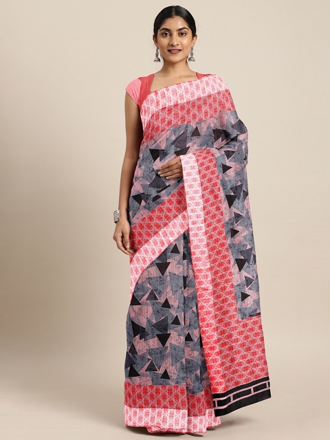 

KALINI Pink & Grey Linen Blend Printed Saree