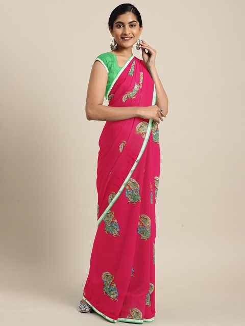 

KALINI Pink & Green Pure Chiffon Kalamkari Printed Saree