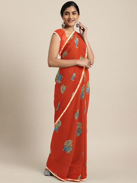 

KALINI Orange & Blue Pure Chiffon Kalamkari Printed Saree