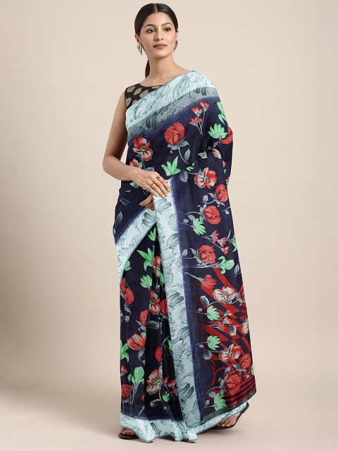 

KALINI Navy Blue & Red Linen Blend Floral Printed Saree