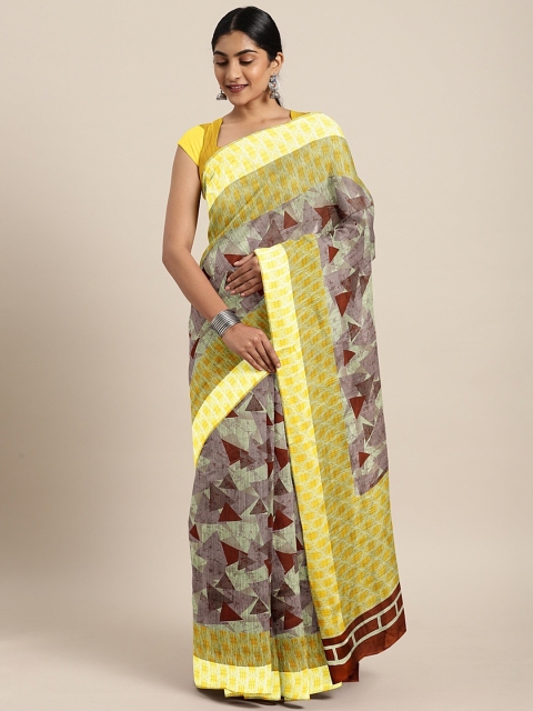 

KALINI Yellow & Brown Linen Blend Printed Saree