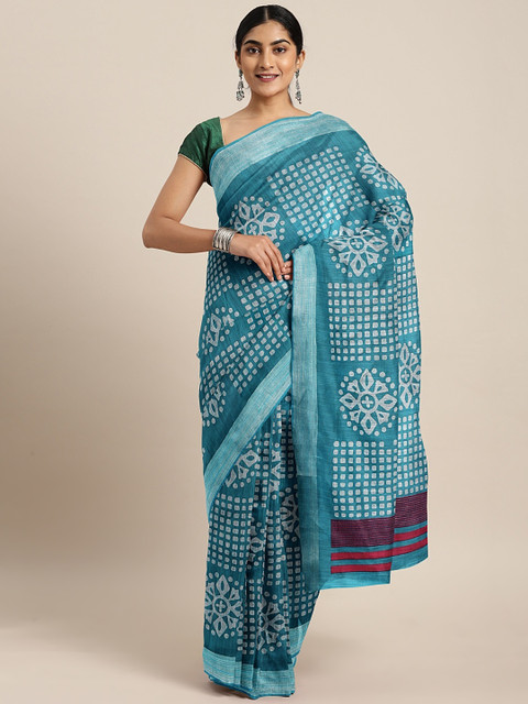

KALINI Blue & Off-White Linen Blend Printed Saree