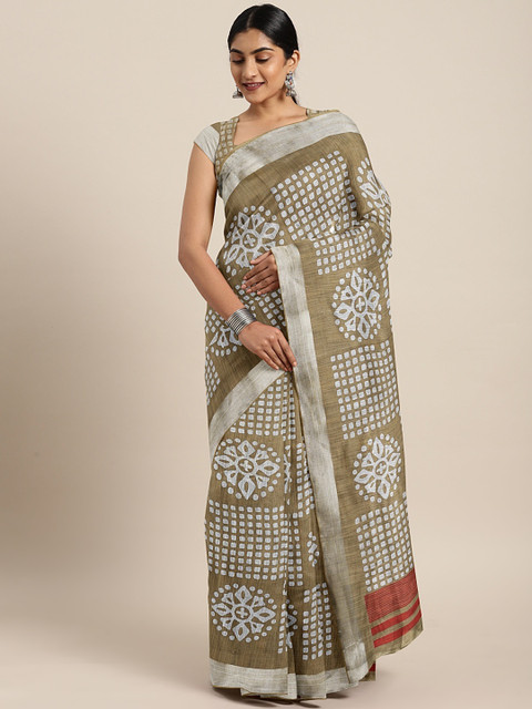 

KALINI Coffee Brown & White Linen Blend Printed Saree