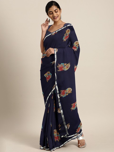 

KALINI Navy Blue & Red Pure Chiffon Kalamkari Printed Saree