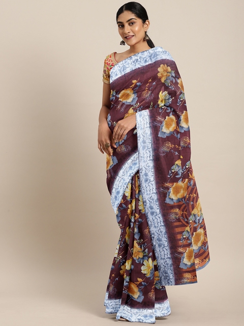 

KALINI Maroon Floral Printed Linen Blend Saree
