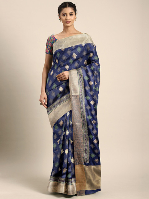 

KALINI Navy Blue & Beige Art Silk Printed Saree