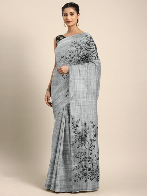 

KALINI Grey & Black Silk Blend Floral Printed Khadi Saree