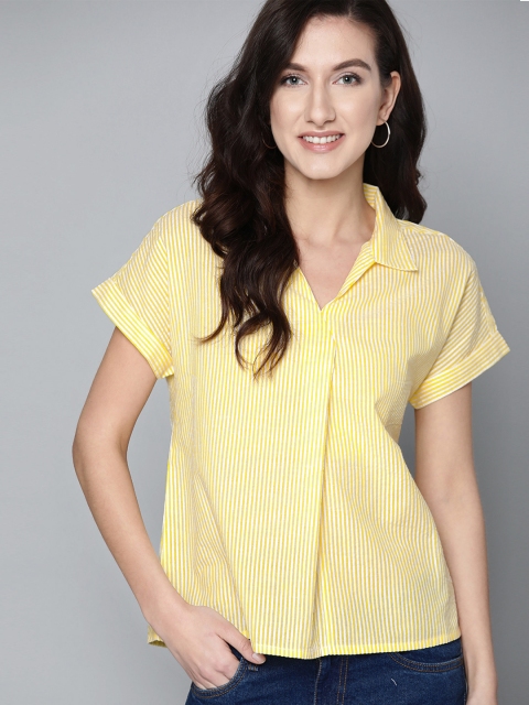 

Mast & Harbour Women Off-White & Yellow Pure Cotton Striped Shirt Style Top