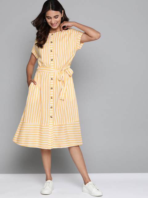 

Mast & Harbour Women Mustard Yellow & White Striped A-Line Dress With Belt