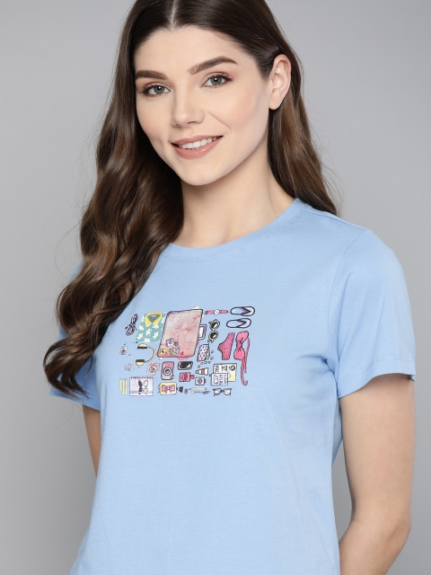 

Mast & Harbour Women Blue Pure Cotton Printed Round Neck T-shirt