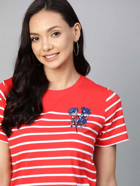 

Mast Harbour Women Coral Red White Pure Cotton Yarn Dyed Striped Pure Cotton T-shirt