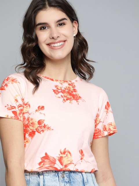 

Mast & Harbour Women Peach-Coloured & Red Floral Print Pure Cotton Round Neck T-shirt
