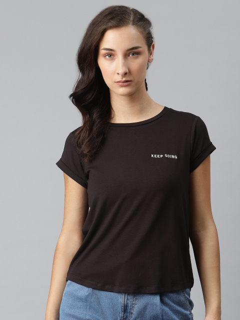 

Roadster Women Black Solid Round Neck T-shirt With Antimicrobial Technology