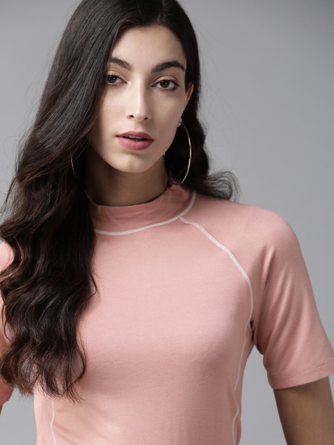 

Roadster Women Dusty Pink Anti-Bacterial Solid High Neck T-shirt