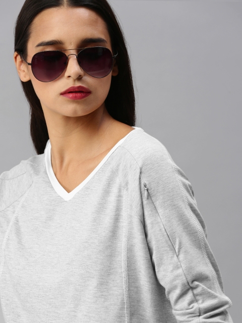 

Roadster Women Grey Melange Anti-Bacterial V-Neck T-shirt