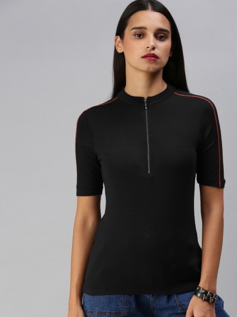 

The Roadster Lifestyle Co Women Black Mock Neck T-shirt