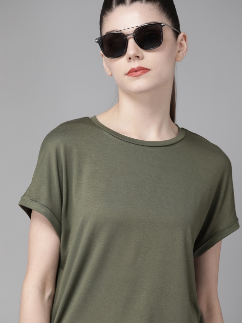 

The Roadster Lifestyle Co Women Olive Green Anti-Bacterial Solid Round Neck T-shirt