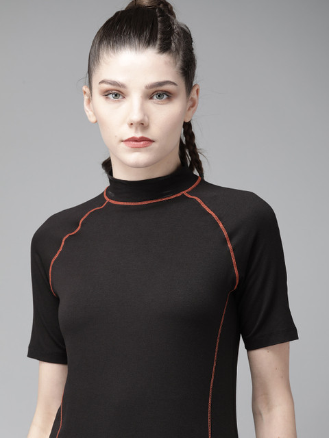 

Roadster Women Black Solid High Neck T-shirt With Antimicrobial Technology