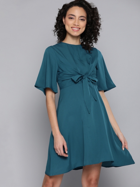 

Mast & Harbour Women Teal Blue Solid Front Tie-Up Fit & Flare Dress