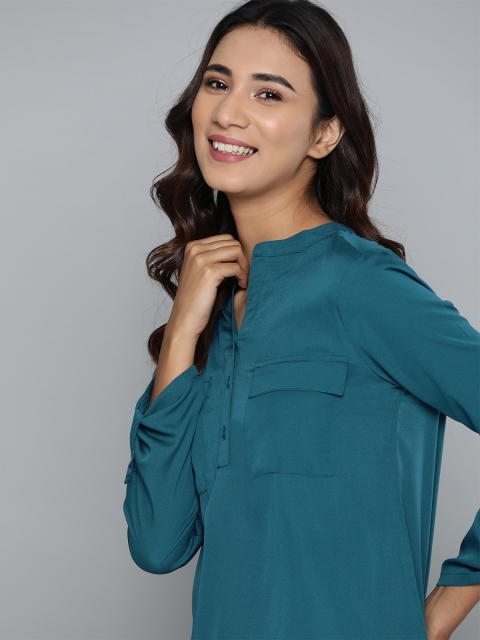 

Mast & Harbour Blue Solid Mandarin Collar Roll-Up Sleeves Shirt Style Top