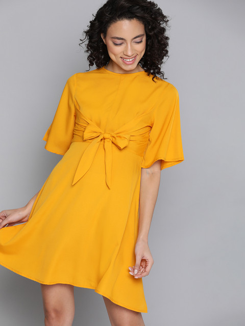 

Mast & Harbour Women Mustard Yellow Solid Front Tie-Up Fit & Flare Dress