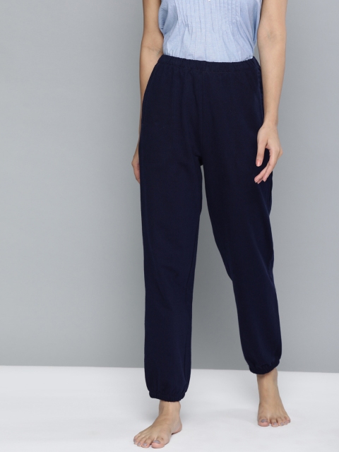 

Chemistry Women Navy Blue Solid Knitted Jogger Style Lounge Pants