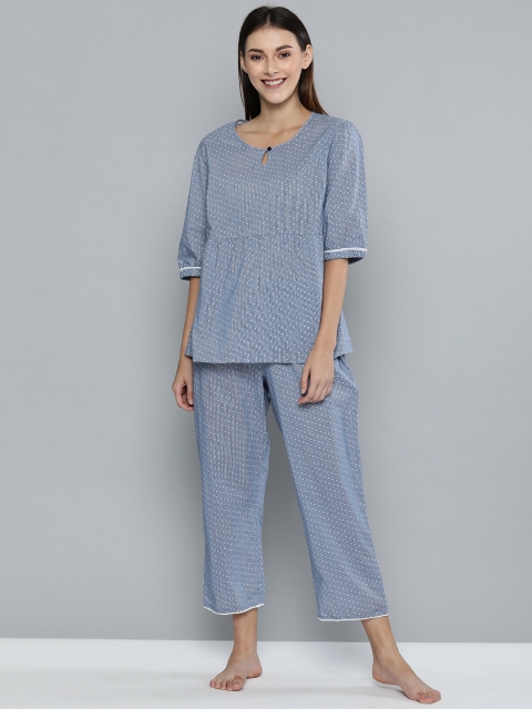 

Chemistry Women Navy Blue & White Striped Night Suit With Printed Detailing