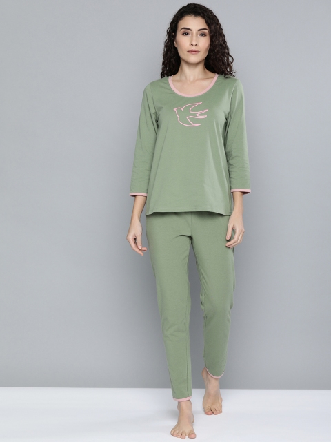 

Chemistry Women Olive Green & Pink Printed Night suit
