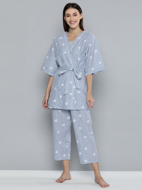 

Chemistry Women Blue & Grey Melange Solid Night suit with Robe