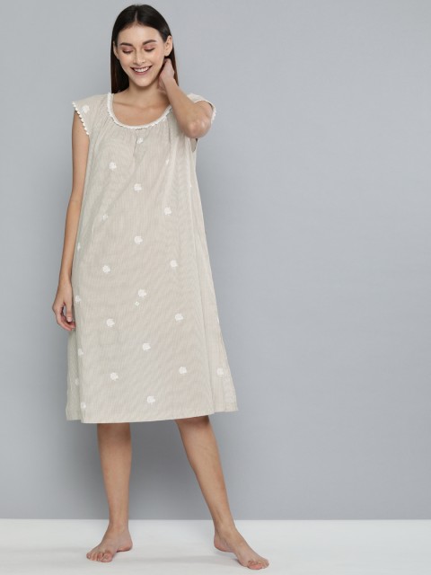 

Chemistry Beige & Off-White Pure Cotton Striped Sleep Shirt