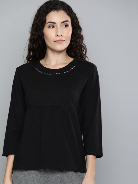 

Chemistry Women Black Solid Round Neck Lounge T-shirt with Print Detail
