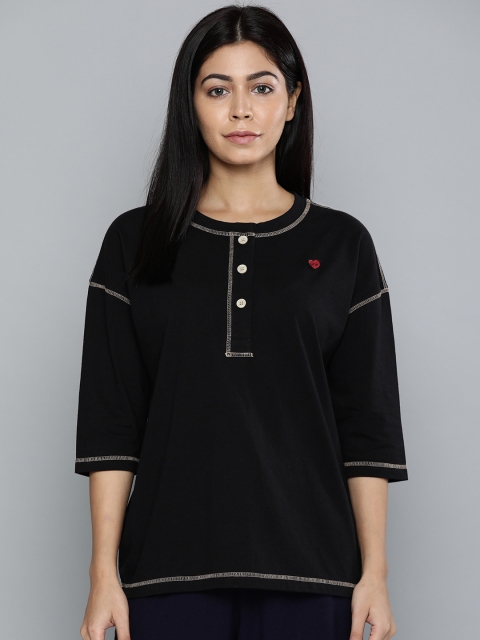 

Chemistry Women Black Solid Round Neck Lounge T-shirt