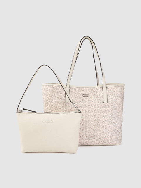 

GUESS Off-White & Beige Brand Logo Print Tote Bag with Pouch