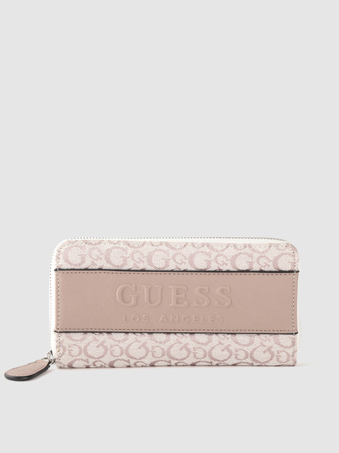 

GUESS Women Beige & White Brand Logo Textured Zip Around Wallet