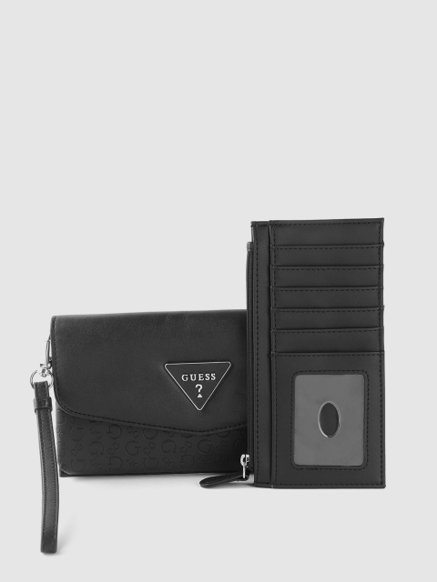 

GUESS Women Black Brand Logo Textured Envelope Wallet with Card Holder