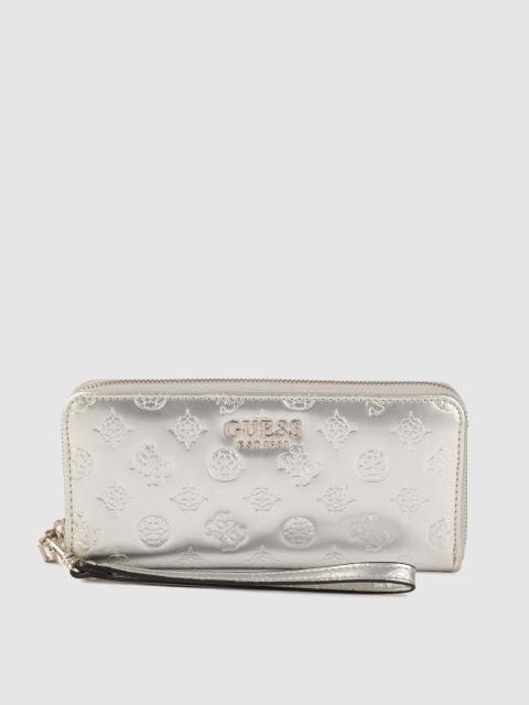 

GUESS Women Silver-Toned Brand Logo Textured Zip Around Wallet