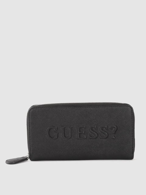 

GUESS Women Black Brand Logo Embossed Print Zip Around Wallet