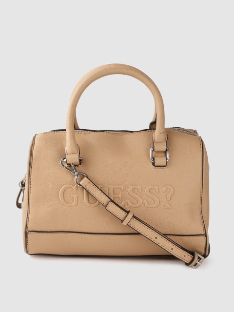 

GUESS Beige Brand Logo Embossed Print Handheld Bag with Detachable Sling Strap